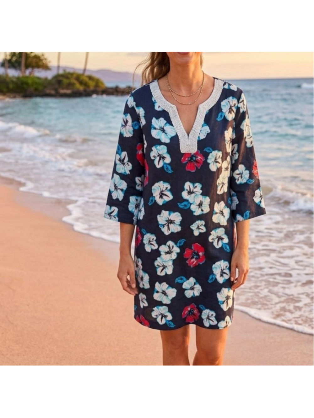 Talbots 100% Linen Floral Tunic Dress Hawaiian Hibiscus Beaded V-Neck Luau Sz L